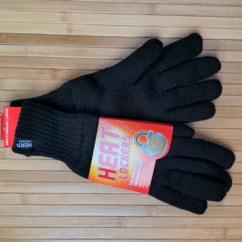 Mens Black Cable Knit Thermal Winter Gloves by Heat Lockers Size Med Large NEW